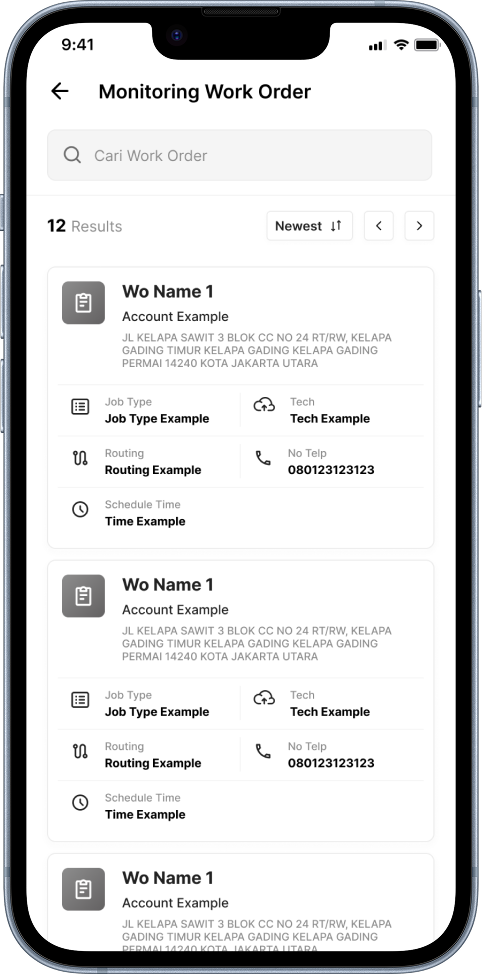 SALLY Monitoring Work Order list with WO name, account, job type, routing, assigned technician, contact number, and schedule time